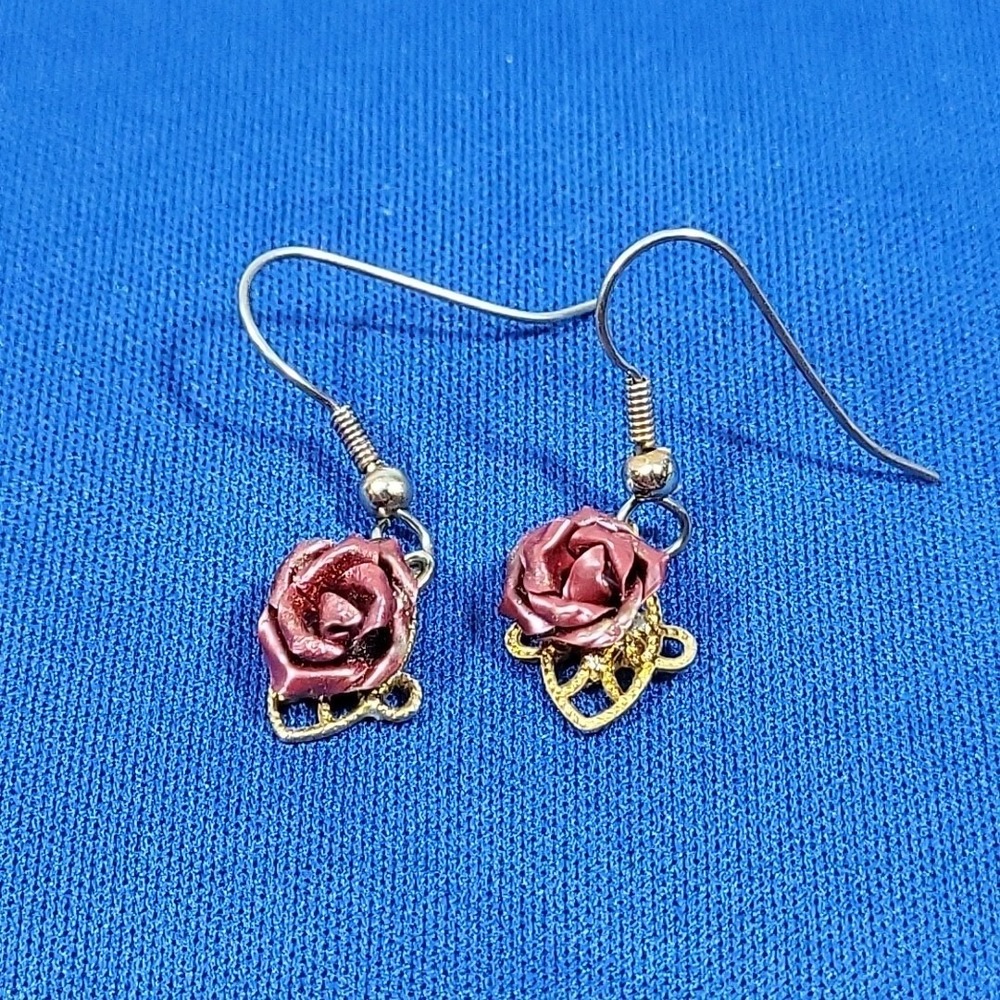 Petite Rose Figural Flower Earrings Drop Dangle Hooks Feminine Vintage Victorian